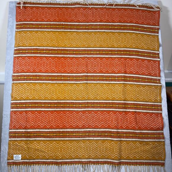 Vintage Faribo Wool Blanket Fringe Hippie Retro 60’s 70’s Orange Yellow 50x49 - Picture 3 of 5